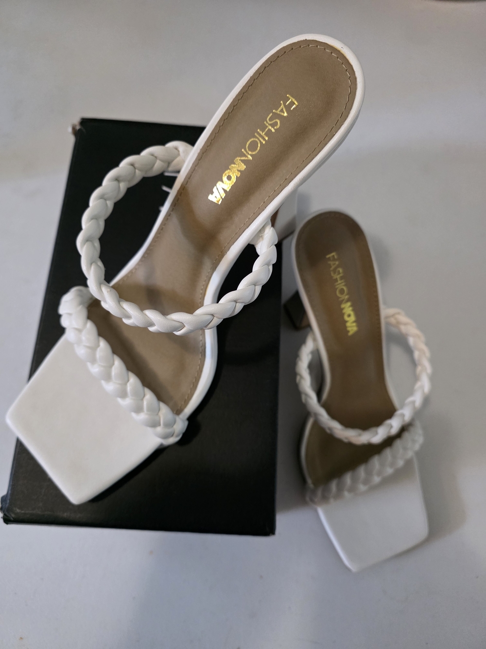 Fashion Nova White Braided Double-Strap Block Heel Sandals